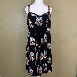 Tripp Women's 2X Corset Slip Dress Black Skull Koi Fish Print Lace Trim Gothic